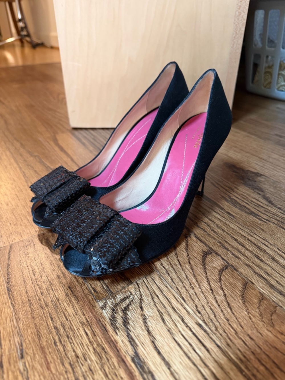 kate spade Black Peep-Toe Heels with Bow Accent and Pink Insole